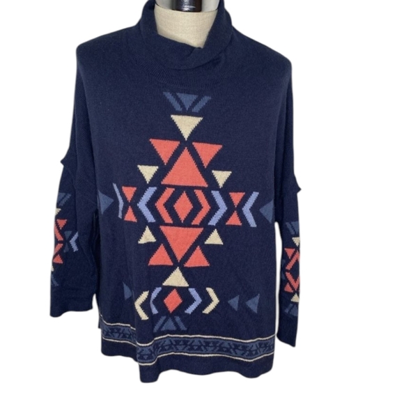 J Jill Aztec Sweater Blue Southwestern Turtleneck Side Slit button Tunic Sz M - Picture 4 of 9